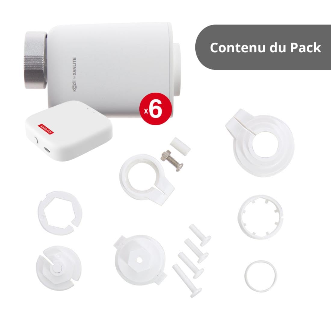 Xanlite - Pack Chauffage Connecté - 1 Passerelle KPAS01 + 6 Têtes Thermostatiques Connectées - Radiateurs Hydrauliques - Contrôle Intelligent - Blanc