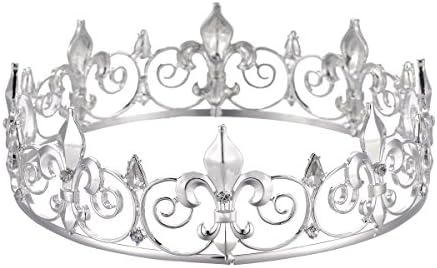 Eseres Silver Men Crown Full Round Fleur De Lis Prom King Crown for Birthday