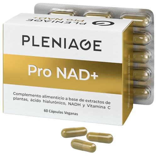PLENIAGE Pro NAD+ con NADH, Resveratrol, Quercetina, Berberina y Acido Hialurónico, Vitamina C, 60 Cápsulas Veganas y sin Gluten