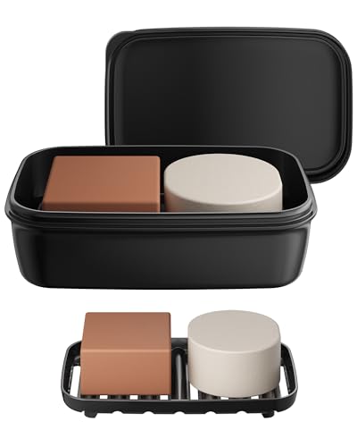 Quatish Leakproof Large Soap Dish with Lid & Draining Layer, Shatterproof Travel Bar Soap Holder Case Container, Portable Travel Size Toiletries Essentials for Camping, Gym, Bathroom, Black