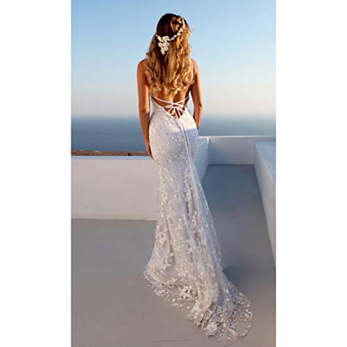 Vestido feminino de noiva com alças finas, costas nuas, estilo sereia, renda para casamento, Branco,