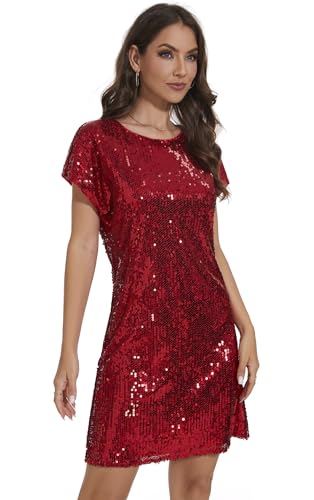 Image of Women's Crewneck Sequin Shift Dress Short Sleeve Casual Holiday Sparkly Party Dress