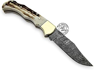 Stag Horn 6.5'' Handmade Damascus Steel Folding Pocket Knife, Hunting Knife, Outdoor Survival Hunting Accessories, Gifts for Men, Boyfriend, Dad, Father’s Day Gift, 100% Prime Quality
