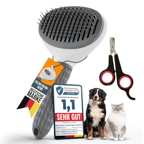 Kecks Tierwelt – Katzenbürste & Hundebürste im Set: Für Kurz & Langhaar Inkl. Krallenschere reduziert Haarausfall, sorgt für glänzendes Fell & ist leicht per Knopfdruck schnell zu reinigen. (Grau)