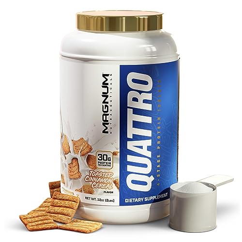 QUATTRO Protein Powder | 30g Protein, 4-Stage Protein Blend - Whey Protein Isolate, Micellar Casein, Milk Protein Isolate, Egg Protein | Low Lactose, Low Carb, Gluten Free | 2LB (Toasted Cinnamon Cereal)