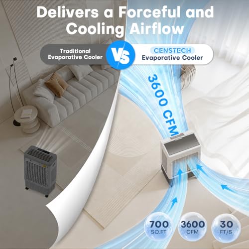 Image of 3600CFM Swamp Cooler, 3-IN-1 Evaporative Air Cooler w / 12Gal Dual Tank, 120 Oscillation for 1000Sq.ft Cooling, 4 Ice Pack, 3Modes&3Speeds, Timer, Windowless Portable Air Conditioner for Room