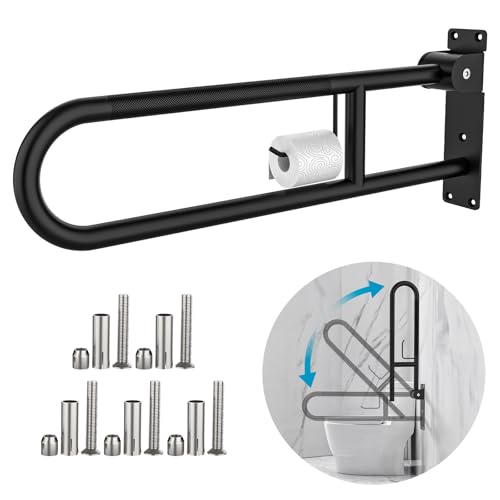 Image of Toilet Grab Bar 30.3 Inch Black, Munzong Anti-Slip Handicap Grab Bars with Paper Holder, Flip-Up Bathroom Safety Rails, Stainless Steel Knurled Support handrails for Seniors Elderly Disabled Pregnant