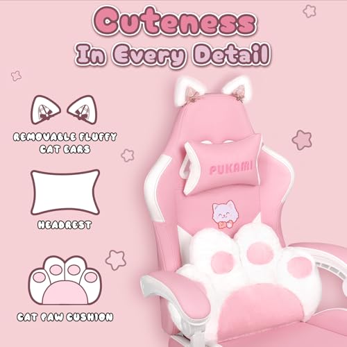 PUKAMI Pink Gaming Chair Cute with Cat Ears and Cat Paw Lumbar Cushion, Ergonomic Computer Chair for Girl with Footrest and Headrest, Comfortable Reclining PC Game Chair for Adult, Teen (Pink)