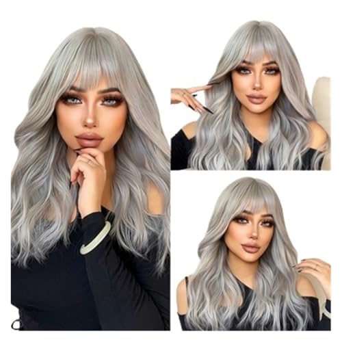 Perruque gris argenté cheveux longs bouclés coiffure rapide pour vie active