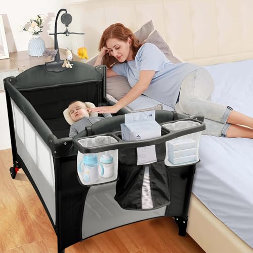 Image of BIERUM 5-in-1 Pack n Play, Baby Bassinet Bedside Sleeper, 3 Height Adjustable Baby Crib with Diaper Changer, Storage Bag & Music Box, Portable Bassinet with Carry Bag, Mattress for Newborn to Toddlers
