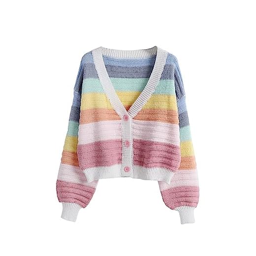 SweatyRocks Women's Color Block V Neck Button Front Knit Cardigan Sweater Outerwear Rainbow M