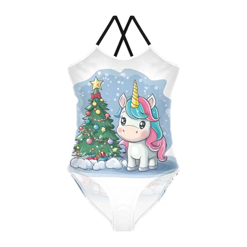 Bolaz Girls Swimsuits One-Piece Bathing Suits Multicolor Kids Sport Summer Beach Swimwear for 3-10 Years Old-Cartoon Unicorn Christmas Tree