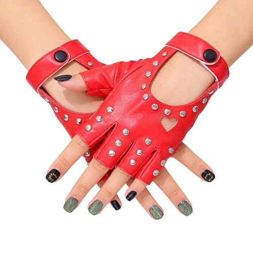 Yikisdy Red Leather Punk Gloves Fingerless Driving Motorcycle Gloves Costume Accessories for Women (Red Free Size)