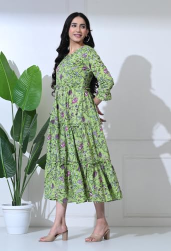 Image of Amazon Brand - Tavasya Women Botanical Floral Printed Maternity Midi Dress | Round Neck | 3 /4 Ruffle Sleeves | Concealed Feeding Zip | Gathered Tiered Nursing Dress