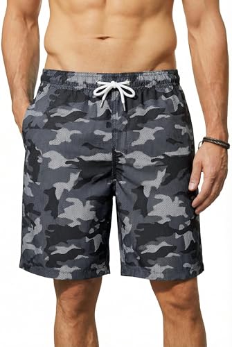 Image of Enlision Mens Swim Shorts Grey Beach Swimming Trunks Men Quick Dry Summer Casual Holiday Boardshorts Camouflage Printed Gents Short Pants with Mesh Lining Pockets for Pools Surf Water Sports L