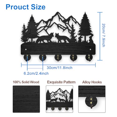 MAYJOYDIY Fox Mountain Forest Coat Hooks Wall Mounted Wood Key Holder for Wall 30×20cm Forest Animal Tree Key Hanger with 5 Alloy Hooks Decoratice Key Hook for Gift Living Room Kitchen Office - Image 2