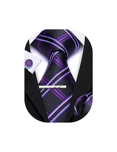 Image of YOHOWA Men Plaid /Striped Ties Set Silk Business Wedding Formal Fashion Necktie and Pocket Square Cufflinks Set