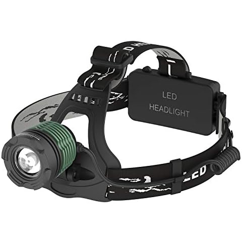 LED Head Torch Rechargeable, Super Bright Headlamp 1800 Lumen, 3 Modes, Adjustable, Waterproof, Perfect Headlight Flashlight for Hunting, Camping, Hiking, Outdoors (Aluminum Alloy), Green Cover