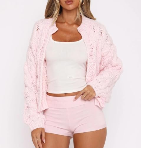 Women Y2k Chunky Cardigan Cable Knit Long Sleeve Open Front Sweater Oversized Cropped Outwear Cardigans3