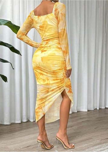 Image of MOEENCN Sexy Women's Bodycon Midi Dress Long Sleeve High Slit Cowl Neck Floral Print Cocktail Party Club Ruched Dresses