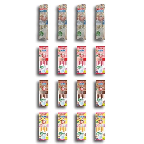 16 confezioni di cannucce Quick Milk da 5 cannucce, fragola, cioccolato, vaniglia e sapore di frutta con protezione per il trasporto