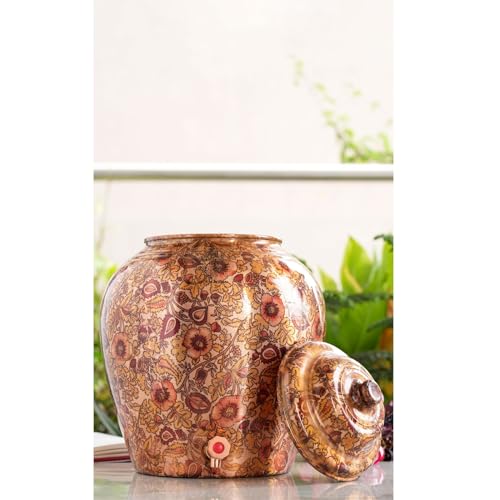 Image of Indian Art Villa Printed Flower Design Copper Water Dispenser Pot Matka, Storage, Home Kitchen Garden, 13 LTR
