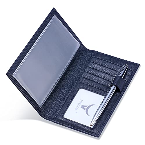 Image of HISCOW Soft Leather Checkbook Cover & Card Holder with Divider - Italian Calfskin, Pebbled Blue, One Size, Contemporary