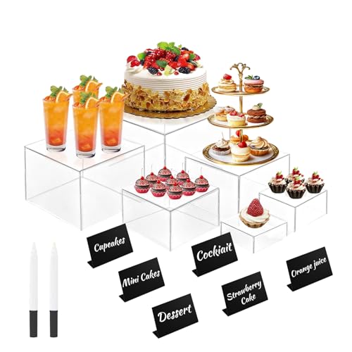 6Pcs Buffet Risers with Mini Sign and Maker Clear Food Display Risers for Party Acrylic Risers Display Stand for Buffet Table Catering Displays for Dessert Acrylic Boxes with Hollow Bottoms(8 7 6 5 4 3)