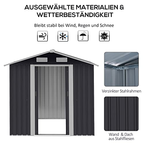 Outsunny Gerätehaus mit 2 Schiebetüren Metall Gartenhaus 2,6 m² Geräteschuppen verzinkter Stahl Schwarz 195,5 x 153 x… – Bild 5