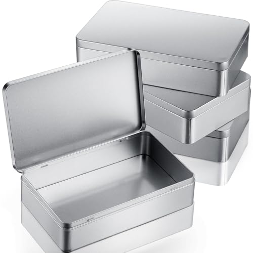 Image of Hotop 4 Pack 8.5 by 5.3 by 1.9 Inch Silver Rectangular Empty Tin Box Containers, Gift, Jewelery and Storage Tin Kit, Home Organizer