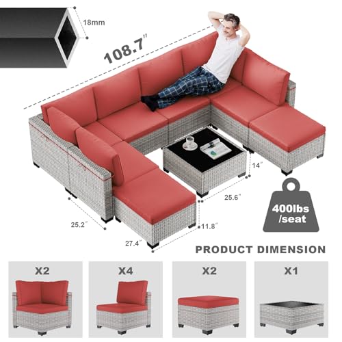 Image of Outdoor PE Wicker Rattan Modular Patio Sectional Sofa Set | 9-Piece: 6 Modular Seats, Coffee Table & 2 Ottomans, Red
