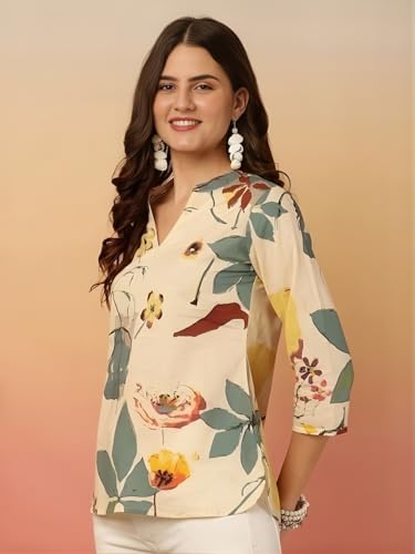 Image of Women's Cotton Printed Short Kurti, Round Neck, Three Quarter Sleeve, Straight Fit, Pack of 2