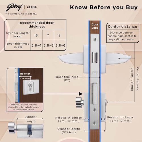 Image of Godrej Mortise Lock | Calla Rossette Home Decor Handle | Satin Steel Finish | 60 mm 1CK Cylinder - Knob from Inside Knob from Inside & with 3 Keys|5 Years Warranty