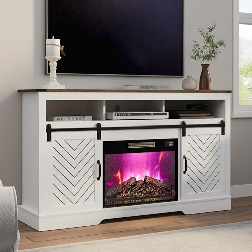 Image of RoyalCraft Farmhouse Fireplace TV Stand for 65+ TV, Entertainment Center with 23 inch Electric Fireplace with Remote, 34 inch Tall Modern Rustic TV Console with Sliding Bar Door for Living Room, Antique White
