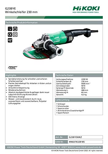 HIKOKI Winkelschleifer 230 mm, G23BYEWKZ, 2200 W-(230V), Grün – Bild 3