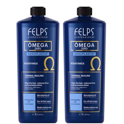 Kit 2 Felps Professional Omega Zero Nanoplastia Thermal Sealing Hair Treatment, Straightening & Smoothing, Formaldehyde Free, with Macadamia Oil, 1L/33.81oz, 2 Pack