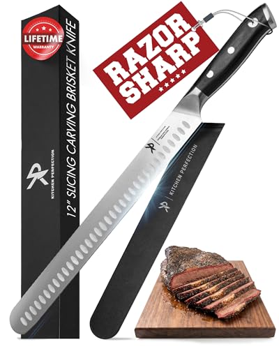 Kitchen perfection 12” Brisket Knife for Carving & Slicing Meat - Ultra Sharp Premium German Steel Granton Edge with Sheath, Full Tang Ergonomic Handle.For BBQ, Turkey & Ribs- Grilling Gifts for Men