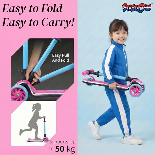 Image of STREETJAM Kurbee Kids Kick Scooter for 3-12 Years, Dazzling Chrome-Finished Deck (1st Time in India), BIS Approved, Extra Wide Deck, Two-Tone Design, Up to 50 kg Load (Magenta with Cyan Blue)