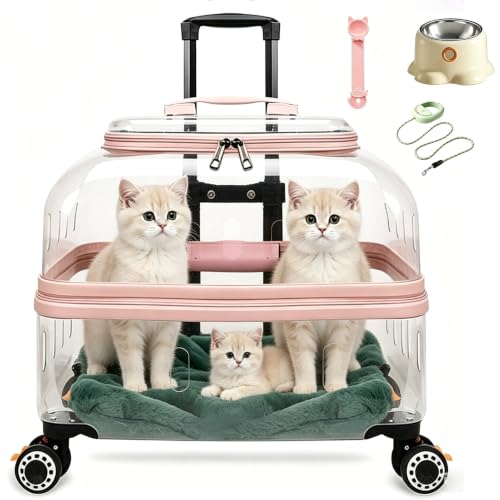 Image of ZDMQHO Rolling Pet Carrier, Hard Shell Transparent Cat Trolley Crate