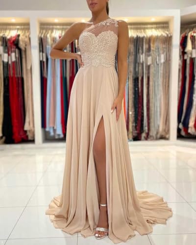 One Shoulder Lace Bridesmaid Dresses Long for Wedding A-Line Chiffon Slit Formal Party Gown with Pockets2