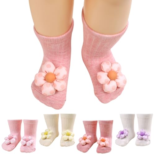 4Packs Baby Girl Socks, Flower Non-slip Socks with Grips for Newborn Babies Girls Boys Toddler Infant Kids