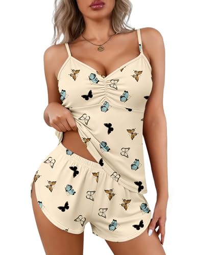 Image of Ekouaer Womens Cami Pajama Set 2 Pieces Soft Loungewear V Neck Sleeveless Sleepwear Set with Shorts Butterfly Apricot XXL