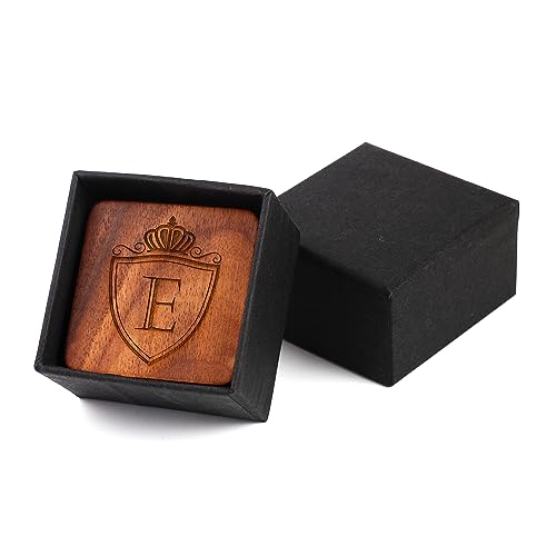 Image of Mens Initial Silver Cufflinks A-Z Alphabet Letter Steel Cuff Links with Engraved Walnut Wood Box Groom Groomsman Wedding Set