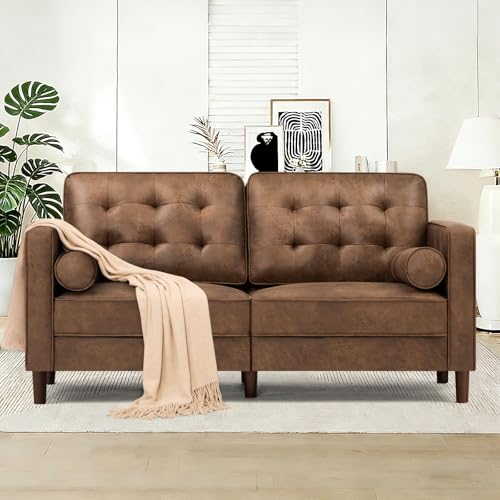 Image of 67 inch Suede Leather 2-seat Sofa with Two Bolster Pillows, Brown | Tufted Loveseat with Wooden Legs, Morden Sofa Suitable for Living Room, Office