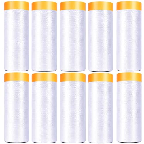Image of 10 Pack Tape and Drape, 5x65.6 Ft Pre-Taped Masking Film for Auto Painting Covering, Plastic Pre-Adhesived Dust Paint Protective Drop Film for Furniture, Car, Floor