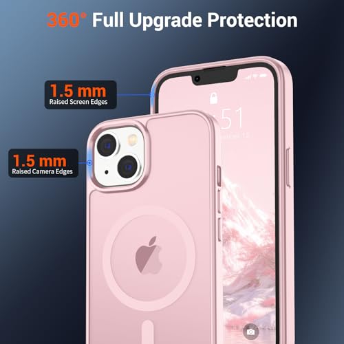 Image of SUPFINE Magnetic for iPhone 14 Case & iPhone 13 Case with Screen Protector (Compatible with MagSafe)(Military Grade Drop Protection) Translucent Matte Shockproof Phone Cover,Light Pink