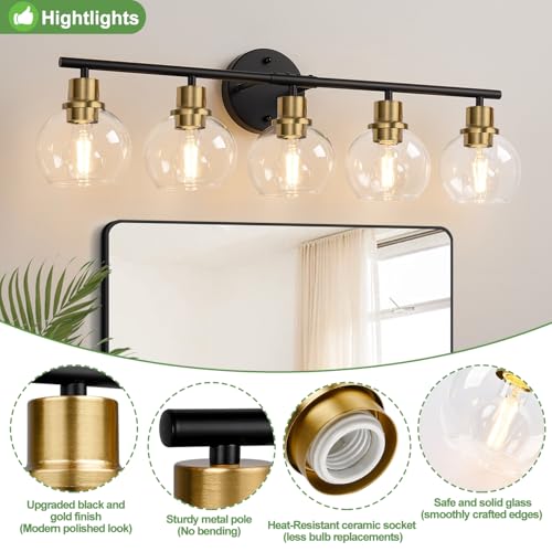 Image of 5-Light Bathroom Vanity Light, Black and Gold Bathroom Light Fixtures with Clear Glass Globe Shades, Modern Vanity Lighting Over Mirror for Bathroom, Kitchen, Living Room, Hallway, Bedroom, Porch