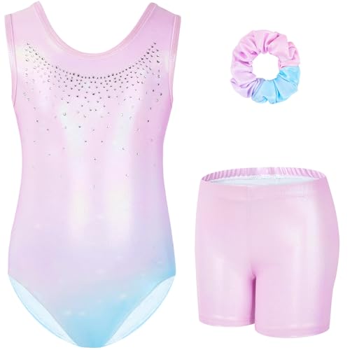 Gogokids Girls Three-Piece Gymnastics Set Sleeveless Leotards with Shorts and Hairband Sparkling Ballet Dancing Unitards - Gymnastics Outfit with Gradient Color Design for 6-7 Years