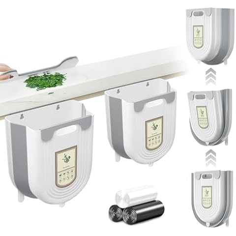 SHAIDOJIO 2PCS Hanging Kitchen Trash Can, Collapsible Trash can for Kitchen, Wall Mounted Foldable Small Garbage Can Compost Bin, 6L+10L Under Sink Waste Bin for Cabinet/Bedroom/Car/Bathroom (Grey) Cover