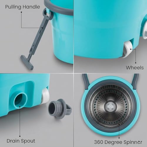 Image of Twin Bucket Spin Mop with Wheels and Puller Handle | 360 Adjustable Steel Handle | 2 High Absorbency Microfiber Refills | Pocha for Floor Cleaning - Home, Kitchen, Bathroom & Office